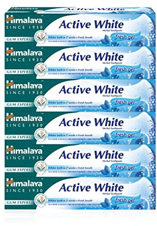 Himalaya Active white Gel |Herbal vegetarian Toothpaste with fruit enzymes for teeth whitening |Anti-germ |For strong teeth and gums | Paraben and bleach free -75ml (Pack of 6)