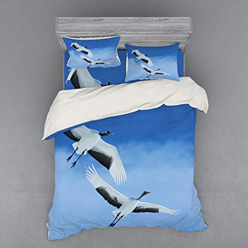 Ambesonne Bird Bedding Set, 2 Red Crowned Crane with Open Wings Flying in Clear Sky Japanese Animal Duo, 4 Piece Duvet Cover Set with Shams and Fitted Sheet, Queen Size, Blue White Black