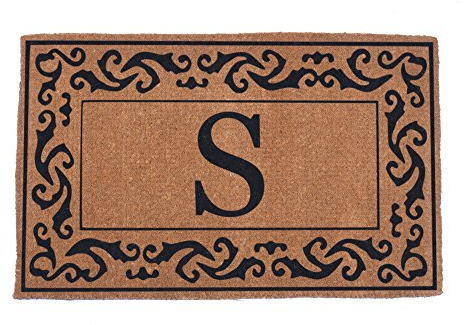 COCO MATS 'N MORE Hand Woven Black Rolling Scrolls Bordered Monogrammed Coco Doormat 38 x 60 | Entry Mat | Strong, Sturdy Coir Bristles Scrapes Dirtiest of Shoes | Minimal Shedding