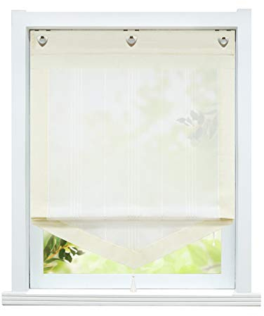 ESLIR Raffrollo ohne Bohren Gardinen Küche Landhaus Raffgardinen mit Ösen Transparent Ösenrollo Vorhang Leinen Beige BxH 100x140cm 1 Stück