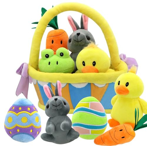JOYIN 7 PCS Easter Basket Stuffers Playset Plush Bunny Chick Frog Carrot Egg Toys Party Favors Easter Decorations Party Gifts Supplies, Original Style Plush Baby, Girls Boys Toddler Kids of All Ages