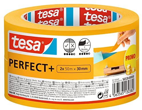 tesa Malerband Perfect+ - Malerkrepp aus dünnem Washi-Papier zum präzisen Abkleben bei Malerarbeiten - für den Innenbereich - 2x 50 m x 30mm