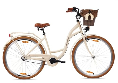 Goetze Style 28 Zoll Damen Citybike, 18 Zoll Tiefeinsteiger, 3-Gang Nabenschaltung, Rücktrittbremse und V-Bremse, LED-Beleuchtung, Rattankorb, Komfortsattel, mit Seitenständer & Klingel