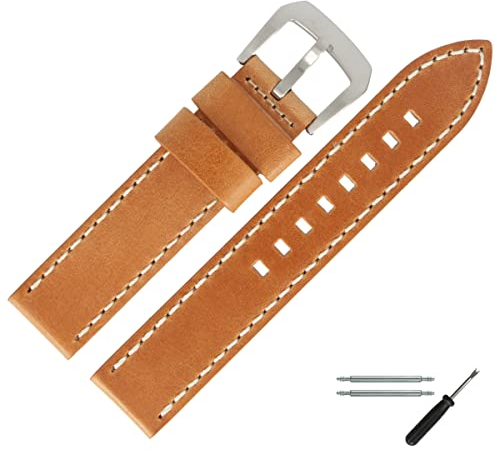MARBURGER Uhrenarmband 24mm Leder Braun Silber Mit Naht - Montage Set 7812430000120
