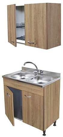Arredobagno e Cucine Meuble sous-évier Teck, 2 portes avec évier inox 80 cm, 2 bacs et égouttoir