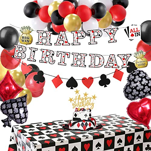 Casino Geburtstag Deko Las Vegas Poker Tischdecke Spielkarte HAPPY BIRTHDAY Girlande Casino Nacht Partydeko Spieleabend Dekoration Wimpelkette Geburtstagsdeko Rot Schwarz
