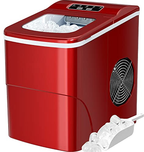 Silonn Ice Maker Machine for Countertop, 9 Bullet Cubes Ready in 6 Minutes, 26lbs 24Hrs Portable Self-Cleaning, 2 Sizes of Bullet-Shaped Home Kitchen Office Bar Party, Red