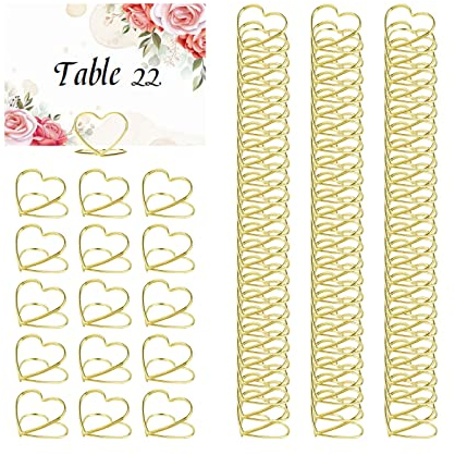 CDIYTOOL Tischkartenhalter in Herzform, Tischkartenhalter für Hochzeit, Tischnummernhalter, Fotohalter, Bilderständer, Clips für Jahrestag, Party, Geburtstag, Büro, 100 Stück (Gold)
