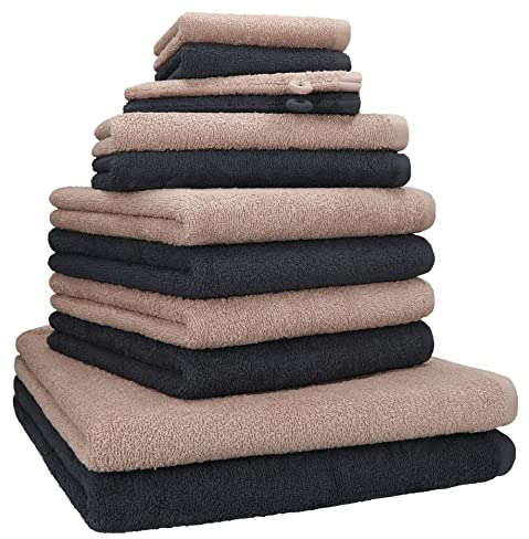 Betz Berlin Handtuch-Set 12-teilig – 100% Baumwolle – Oeko-TEX® Zertifiziert – 360g / m² Grammatur – Duschtücher, Handtücher, Gästetücher & Waschhandschuhe Farbe Cappuccino - Graphit