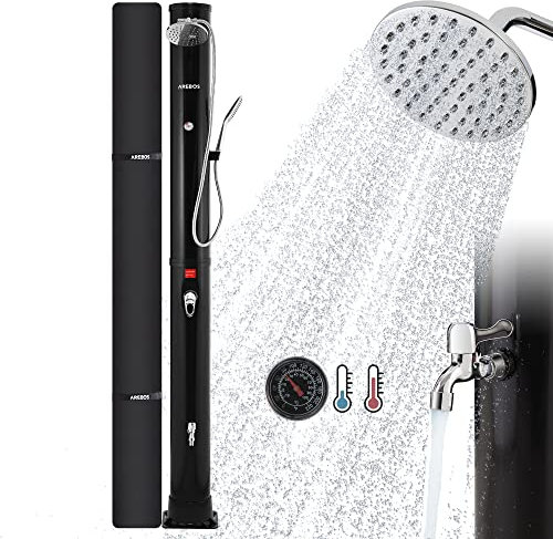AREBOS Doccia Solare da 40 l, con termometro Integrato, doccetta, soffione Doccia Girevole, con Doccia a Piedi e Attacco Tubo da Giardino, con Materiale di Montaggio e Copertura