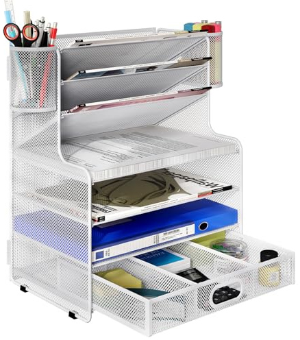 TQVAI 7 nivåer brevfack skrivbord prydlig organiserare med låda tidskrift filhållare A4 pappersförvaring dokumentorganiserare med 2 pennhållare, vit
