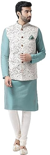 KISAH Grön Kurta-jacka för män (väst/Modi/Nehru) och pyjamaskombo (set med 3), etnisk indisk traditionell klädsel, Grönt+vitt, 44