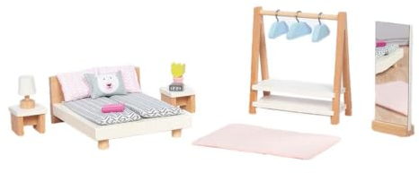 Goki Puppenmöbel Style, Schlafzimmer: Bett: 12,7 x 10 x 5 cm, 18-teilig,Buche/Stoff, per Set
