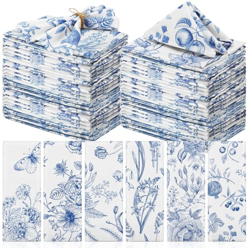 VitalCozy 48 st tygservetter växter fjäril mjuk återanvändbar servett land fransk bomull middagsservetter absorberande dekorativa tvättbara servetter för vår sommar höst julfest (blå vit blomma)