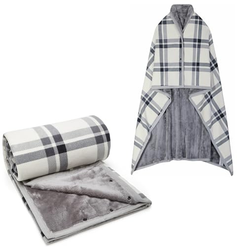 SIVENKE Poncho Femme 3-en-1 Réglable Multiway Surchauffé avec Boutons – Plaid Polaire à Carreaux pour Maison, Bureau, Voyage – Idéal Cadeau Noël