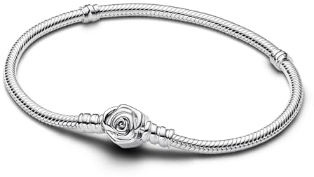 Pandora Moments Blühende Rose Verschluss Schlangen-Gliederarmband aus Sterling Silber, Kompatibel mit Pandora Moments, Größe:17, 593211C00-17