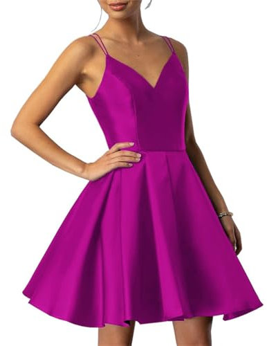 Vestidos cortos de cóctel de satén con cuello en V y cuello en V para mujer, fucsia, 36