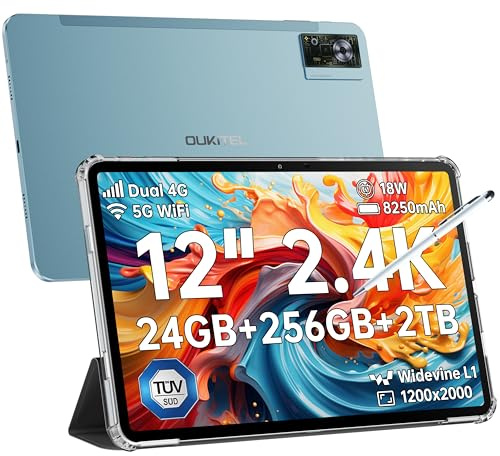 OUKITEL OT5S Tablet 12 Zoll - 24GB RAM+256GB ROM(2TB TF) 2.4K IPS 12 Zoll Tablets, 8250mAh Android Tablet, 16MP+8MP Dual SIM Tablets PC 4G LTE/5G WiFi/GMS/GPS/Widevine L1,Blau