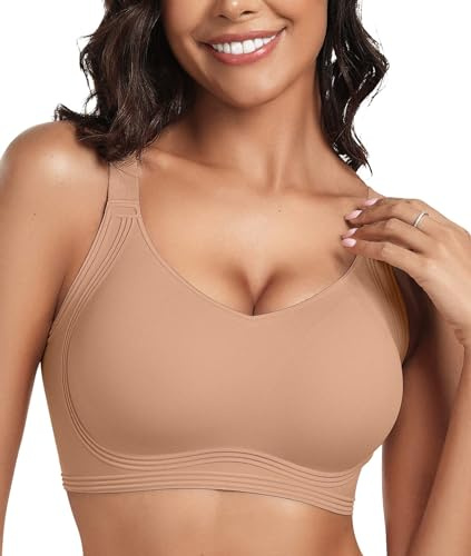 OEAK Womens Seamless Push Up Bras No Underwire Full Coverage Anti Sagging Comfortable Bras V Neck Bra Wireless Everyday Bra Apricot,XL