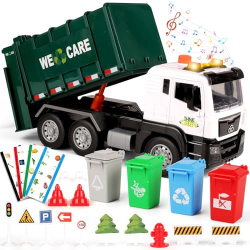 BunnyJOY Müllauto Spielzeug ab 3 4 5 6 Jahre Kinder Junge Mädchen, Spielzeug Müllwagen mit Mülltonnen, Licht & Sound, Große Fahrzeuge, Friktionsspielzeug, Lernspielzeug&Geschenk, Grün