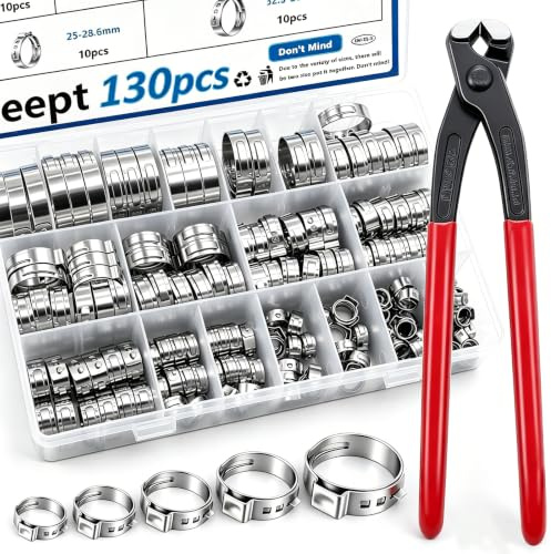 Seept 130Pcs 12-Sizes 304 Stainless Steel Single Ear Hose Clamps with Ear clamp plier 6-36.1mm Crimp Hose Clamps Assortment Kit for Auto/Home Appliance/Pipe/Fuel Line Stepless Hose clamp with pincer