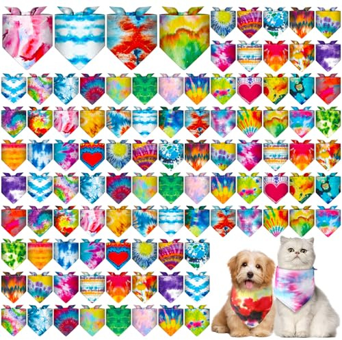 Amylove 120 Pcs Dog Bandanas Bulk Adjustable Pet Scarf Assorted, Tie Dye