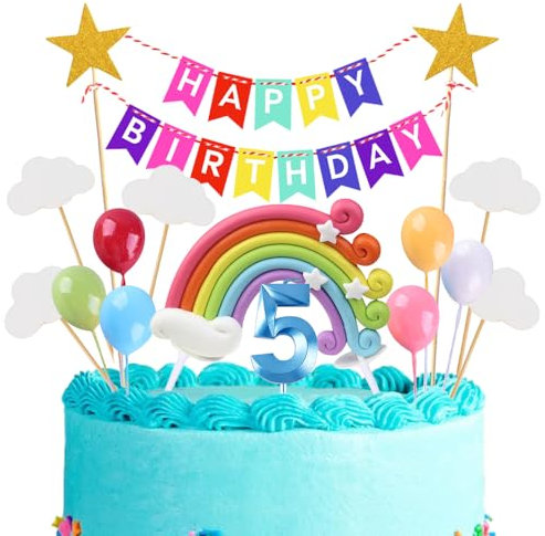 5th Geburtstags Kuchen Topper Birthday Torten Dekoration Geburtstag Kuchendeko Blau Zahl 5 Kerzen Tortendeko Set Regenbogen Ballon Wolke Sterne für Mädchen Jungen Geburtstags Party Supplies