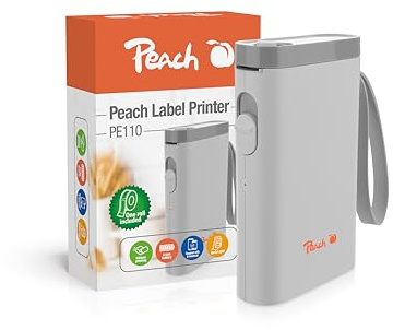 Peach Etikettendrucker weiß, Etikettiergerät kabellos Label Printer PE110A | Beschriftungsgerät Bluetooth, Label maker, Android iOS App, Drucker mit 1 Etiketten Rolle selbstklebend, Labeldrucker tragbar