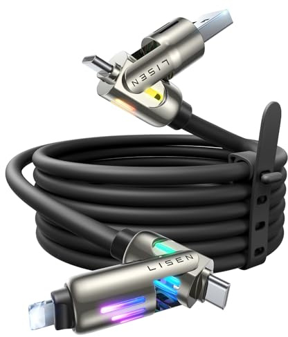 LISEN 240W USB-C Ladekabel, Kabel USB C, 4 in 1 Ladekabel (2 m) mit Licht, USB A/C auf C/L Multi Ladekabel für iPhone 16 15 14 13 12 Pro Max, MacBook, iPad, Samsung, Schwarz