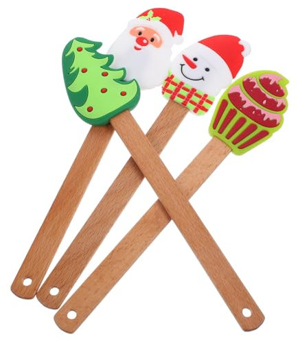 ABOOFAN 4Pcs Christmas Silicone Cream Scrappers Wooden Handle Non-Stick Spatula Set for Cake Butter Jam Baking Kitchen Utensils (Assorted Colour)
