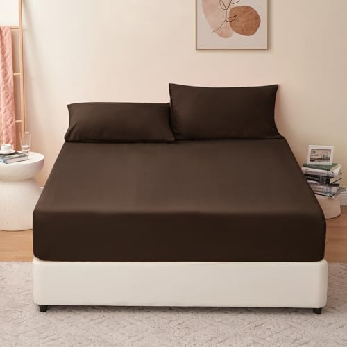 RUIKASI Drap Housse 160x200 Marron Chocolat - Drap Housse 160 x 200 Bonnet 40cm Matelas en Microfibre 2 Personnes, Très Doux et Respirant avec Élastique Tout Autour
