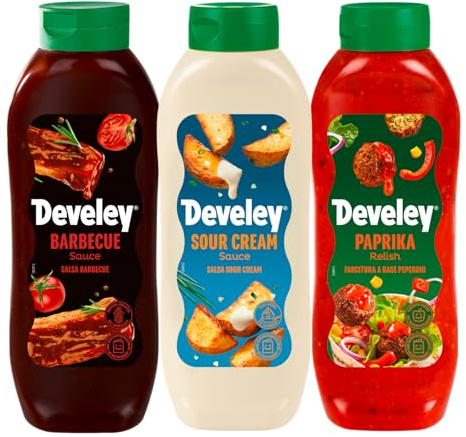 Develey – Saucen-Set 3x875 ml Squeeze-Flaschen im Bundle – Bundle bestehend aus Barbecue Sauce, Sour Cream Sauce & Paprika Relish - Perfekt für viele Gerichte als Topping oder Dip