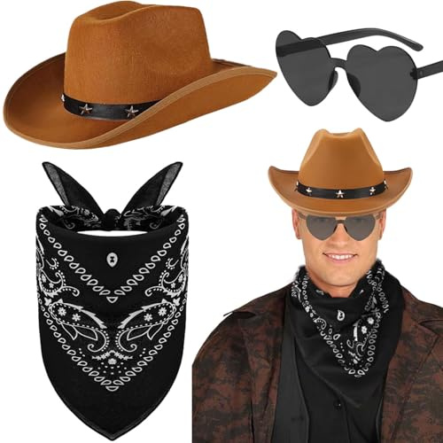 Saier tbo 3 Stück Cowboyhut Zubehör Set, Western Cowboy Kostüm Kit mit Cowboyhut Bandana Brille für Erwachsene Halloween Fasching Karneval Party (Schwarz)