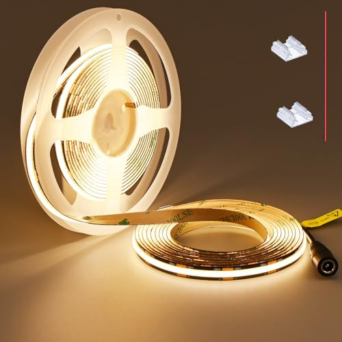TOPAI LED-tejp COB 12 V varmvit 3 000 K, PCB svart, 5 meter 480 LED/M, 4 000 Lm CRI>90, självhäftande, flexibel och kan skäras till i storlek, för kök, skåpbelysning, vardagsrum, inomhus