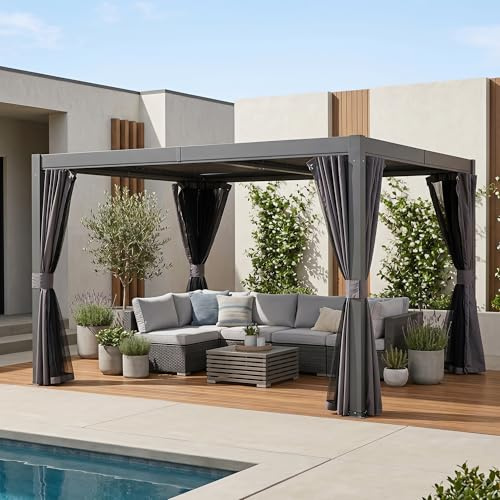Domi Pavillon 3m x 3,6m, Wasserdicht Stabil Pergola mit verstellbarem Lamellendach und integriertem Entwässerungssystem, Alu Terrassenüberdachung Hardtop Pavillon mit Moskitonetze und Vorhänge, Grau