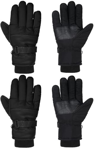 SATINIOR 2 Pairs Kids Waterproof Winter Snow Gloves Ski Gloves for Boy Girl Outdoor Warm Thickening Snowboard(Fresh Black,8-12 Years)