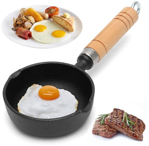 LOMUG Gusseisenpfanne Induktion Grillpfanne 13cm, Cast Iron Pan Gusspfanne mit Holzgriff, Kleine Spiegeleipfanne Minipfanne Gusseisen Bratpfanne Eierpfanne, Omelett-Pfanne für Gasherd, Induktionsherd