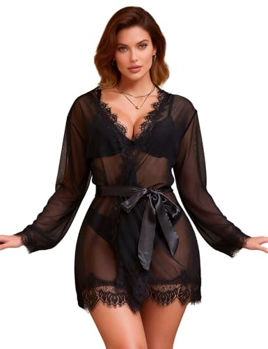 ohyeahlady Kimono Femme Court Sexy Eté Kimono Plage Dentelle Nuisette Transparent Hot Grande Taille Robe Chemise De Nuit Chic Tenu Hot Lingerie Curvy Robe De Nuit Sous Vetements Feminins(M-L,Noir)