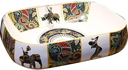 Fregadero de cerámica – Diseño de arte vintage, perfecto para tocador de baño moderno como lavabo sobre encimera