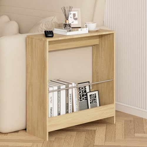 Schmaler Beistelltisch mit Zeitschriftenregal, Kleiner Sofatisch oder Nachttisch mit Ablage, Platzsparendes Aufbewahrungsregal aus Holzoptik für Wohnzimmer und Schlafzimmer, 56 x 21 x 60cm (Eiche)