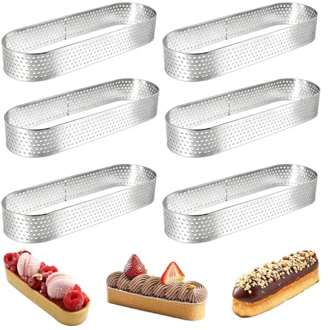 Lot de 6 Cercles à Pâtisserie Ovales en Acier Inoxydable 304 - Moules à Tartelette Perforés pour Mousse, Quiches, Desserts Français