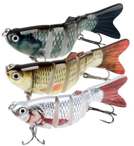 3 Pcs Multi Jointed Fishing Lures for Pike Perch Bass Trout, Slow Sinking Swimbait with Lifelike 3D Eyes & Treble Hooks, Realistic Hard Bait Tackle Kit for Freshwater & Sea Fishing