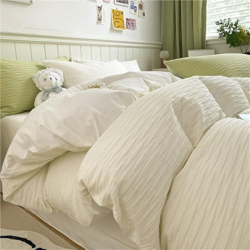 RASRGTRQ Seersucker Four-Piece Cotton Large-Size Bed Sheet and Duvet Cover Set for Home Use(Color 5,King Size)