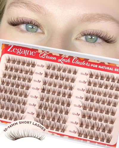 Brown Cluster Lashes 10-12-14MM Short Lash Clusters Clear Band Wispy Individual Eyelashes Natural Lashes Individual Cluster D-Curly Brown Wispy Eyelash Clusters144Pcs by Zegaine