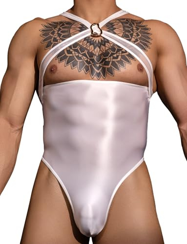 AIEOE Body de malla transparente para hombre, de una pieza, con cuello halter, sexy, Blanco, Talla única