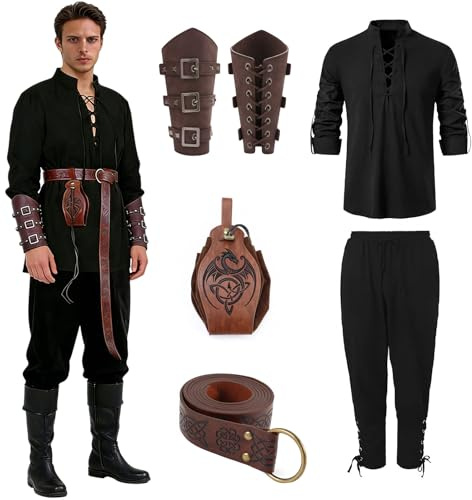 Piratdräkt herr, medeltida kostym herr pirat kostym herr, medeltida kläder viking outfit med skjorta, byxor, bälte, handledsskydd (utan skor) för karneval cosplay festivaler (S)