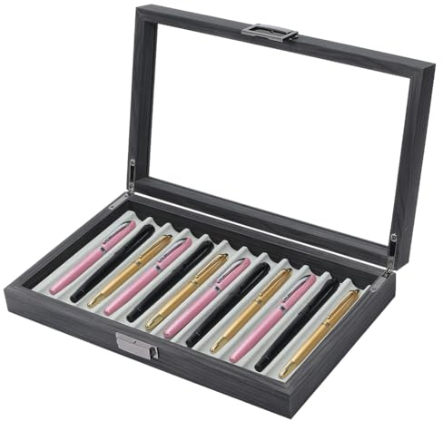 PH PandaHall Boîte Présentoir à Stylos en Bois à 12 Emplacements Boîte Rangement Stylo Plume Noire Boîtes Organisateurs Stylos avec Fenêtre Verre Fermoir Métal pour Bureau Maison Cadeau 32x20x5.5cm