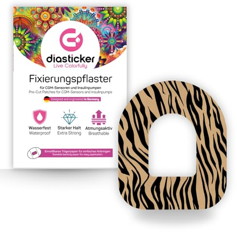 Diasticker | plåster för Omnipod (5 stycken, Tiger Mood) | vattentät – hudvänlig – andas – starkt grepp | självhäftande fixeringsplåster, pod-fixering
