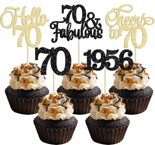 Gyufise 30Pcs 70th Birthday Cupcake Toppers 70 Fabulous Cupcake Picks Cheers to 70 1956 Cake Decorations for Happy 70th Birthday Wedding Anniversary Party Decoration Supplies Gold Black