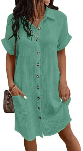 Yutdeng Abiti Estivi Donna in Lino Cotone Elegante Abito da Camicia con Bottoni e Tasche Vestiti Scollo a V a Maniche Corte Copricostume Donna Mare da Spiaggia Casual
